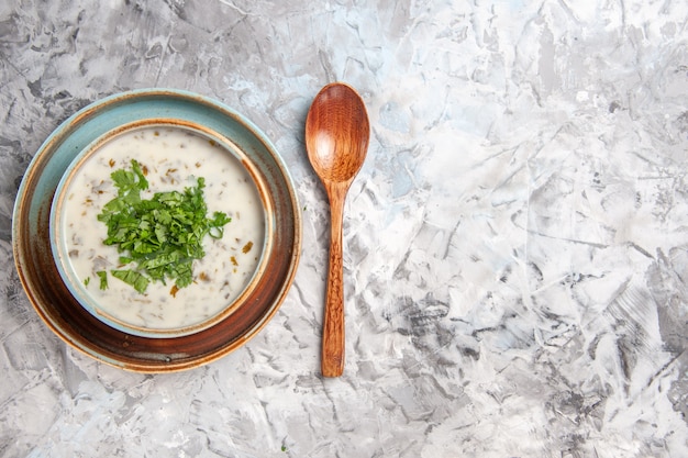 Vista superior sabrosa sopa de yogur dovga con verduras en mesa blanca plato de sopa de leche lácteos