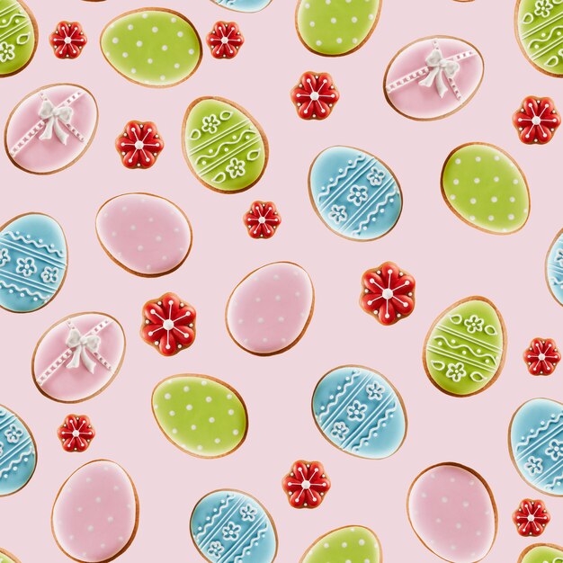 Vista superior de las sabrosas galletas glaseadas de jengibre coloridas aisladas en rosa