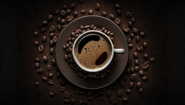 Foto gratuita vista superior del sabroso espresso servido en taza con café