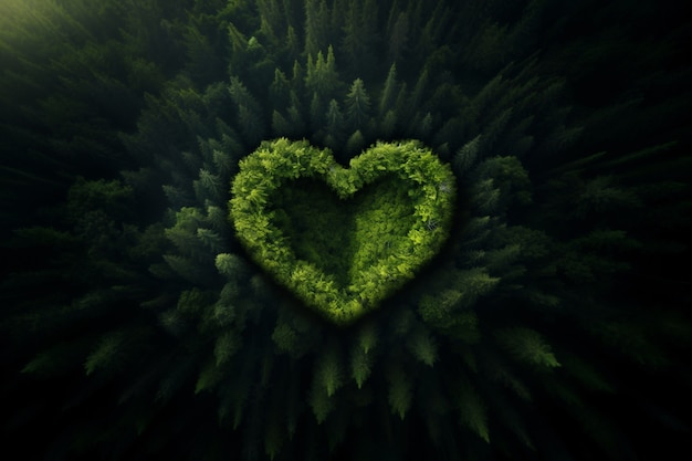 Vista superior sobre forma de corazón en el bosque