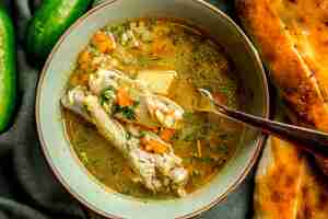 Foto gratuita vista superior sopa de pollo servida con hierbas, pepinos y pan