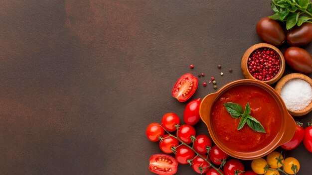 Vista superior de la sopa de tomate de invierno en un tazón con espacio de copia