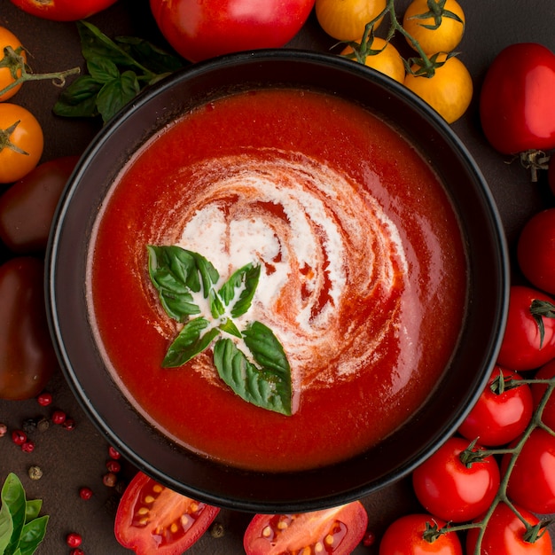 Vista superior de la sopa de tomate de invierno en un tazón con tomates