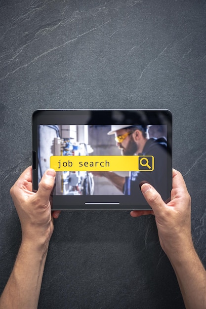 Vista superior de la tableta digital con trabajo de búsqueda en pantalla en manos masculinas