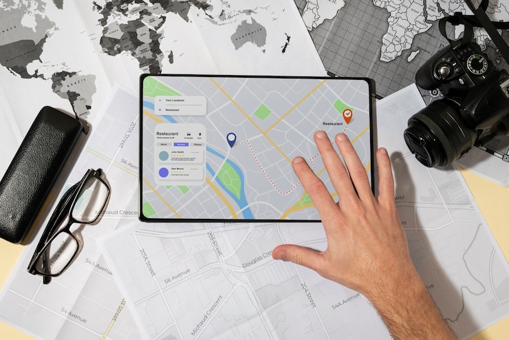 Foto gratuito vista superior de la tableta gps con la mano y el mapa del mundo
