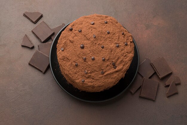 Vista superior de tarta de chocolate con cacao en polvo