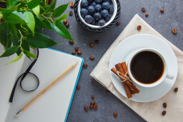 Vista superior de una taza de café con arándanos, canela seca, planta, lápiz y cuaderno sobre superficie gris. horizontal