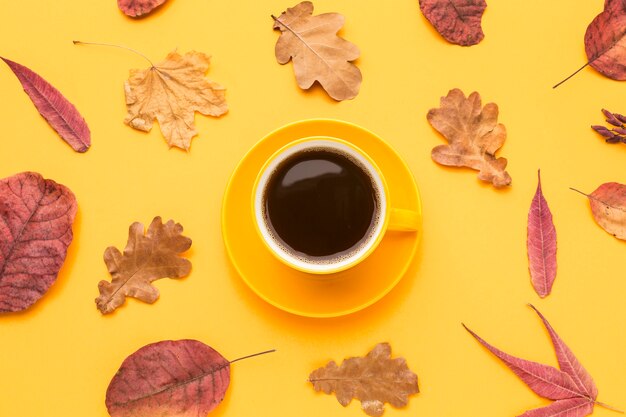 Vista superior de la taza de café con hojas de otoño y placa