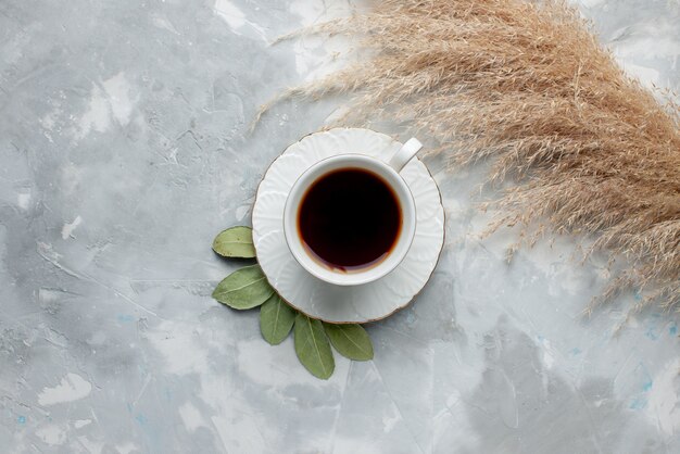 Vista superior de la taza de té caliente dentro de la taza blanca a la luz, ceremonia de desayuno de bebida de té
