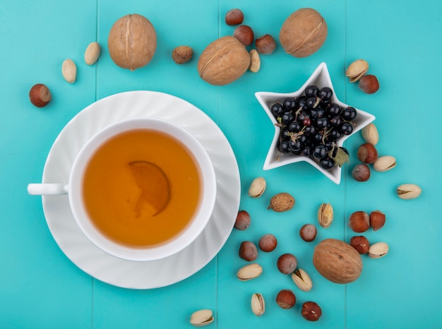 Vista superior de una taza de té con nueces avellanas con pistachos y grosellas negras sobre una superficie turquesa