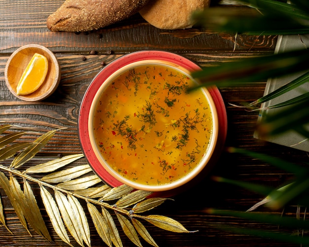 Vista superior del tazón de sopa de pollo con verduras y hierbas.