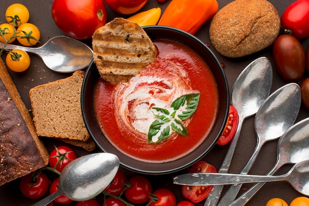 Vista superior del tazón con sopa de tomate de invierno y tostadas