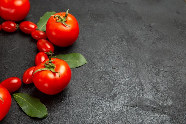 Vista superior de tomates cherry y hojas de laurel rojo a la izquierda del suelo oscuro con espacio libre