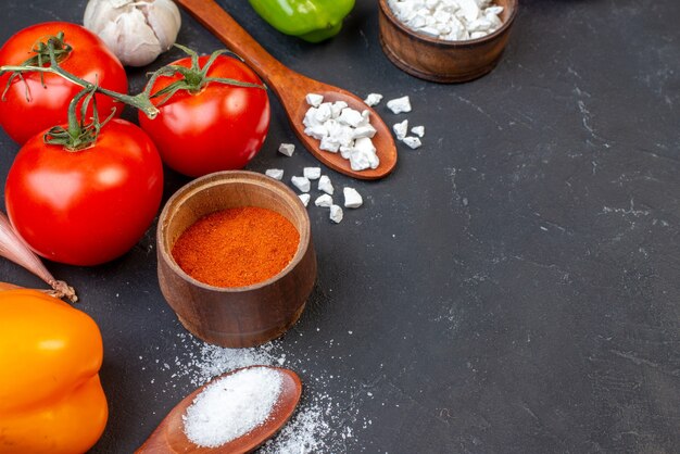 Vista superior de tomates frescos, sal marina en cucharas de madera, especias en tazones de ajo en el lugar de copia de mesa negra