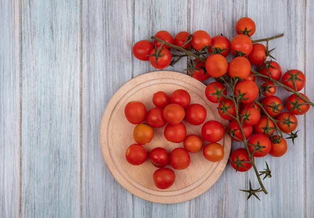 Vista superior de tomates rojos frescos en un recipiente con tomates aislado en una tabla de cocina de madera sobre un fondo de madera gris con espacio de copia