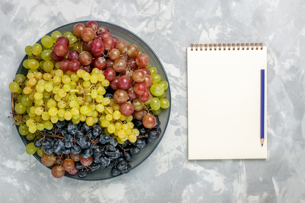 Vista superior de uvas frescas frutas jugosas y suaves dentro de la placa sobre fondo blanco claro jugo de fruta suave vino fresco