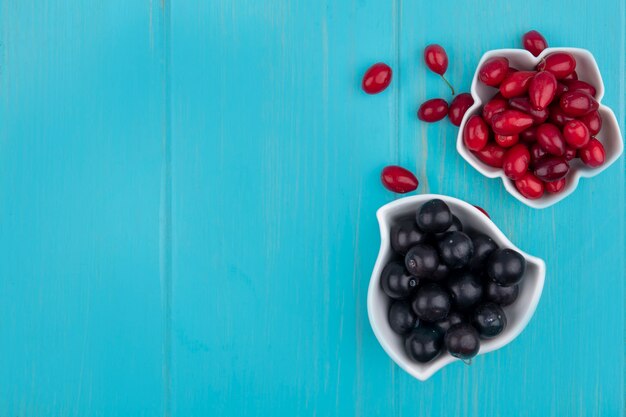 Foto gratuita vista superior de uvas negras en un recipiente con bayas de cornel sobre un fondo de madera azul con espacio de copia