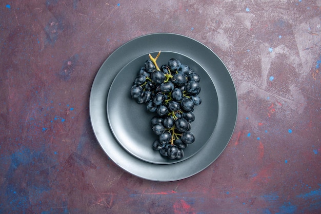 Vista superior de uvas suaves frescas frutas oscuras dentro de la placa en la superficie oscura vino uva fresca planta de árboles frutales maduros