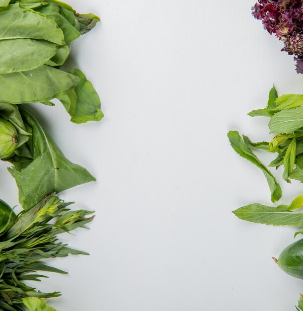 Vista superior de verduras como espinacas menta albahaca pepino sobre superficie blanca con espacio de copia