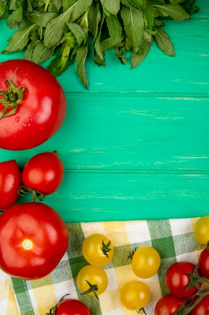 Vista superior de verduras como hojas de menta verde albahaca tomate en verde