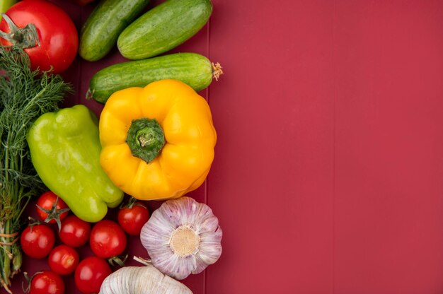 Vista superior de verduras como pepino tomate cilantro pimienta y ajo sobre superficie roja