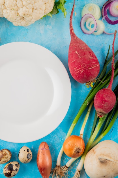 Vista superior de verduras como rábano cebolla huevo con plato vacío sobre fondo azul.