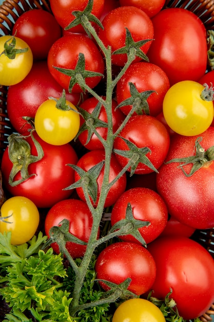 Vista superior de verduras como tomates y cilantro en la cesta como superficie