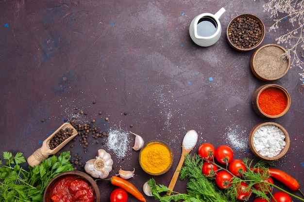 Vista superior de verduras frescas con verduras y condimentos en el espacio oscuro