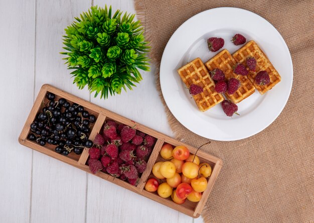 Vista superior de waffles en un plato con frambuesas, cerezas blancas y grosellas negras sobre una mesa blanca