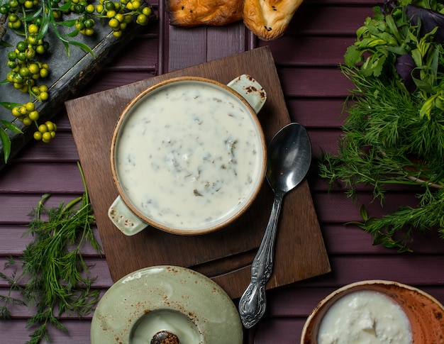 Vista superior yayla, sopa dovga hecha de yogur