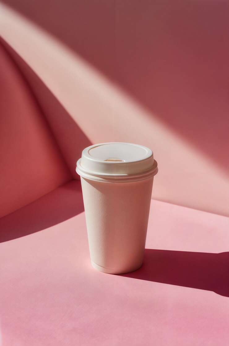 Vista de una taza de café con fondo de color pastel