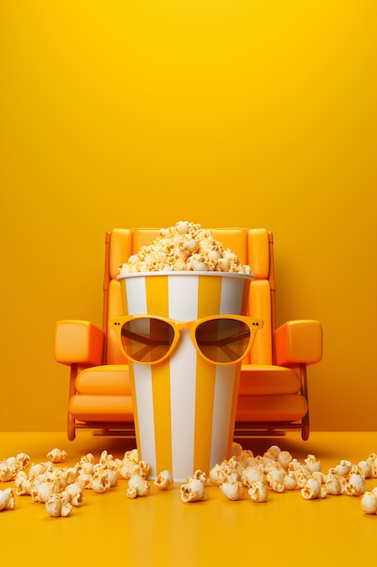 Vista de una taza de palomitas de maíz en 3D con asiento de cine