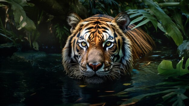 Vista de un tigre salvaje en el agua