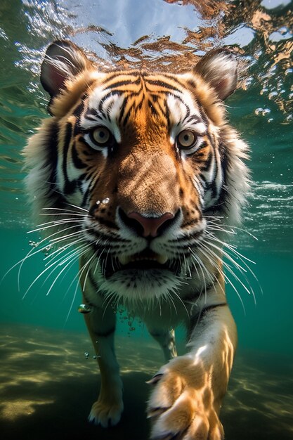 Vista de un tigre salvaje en el agua