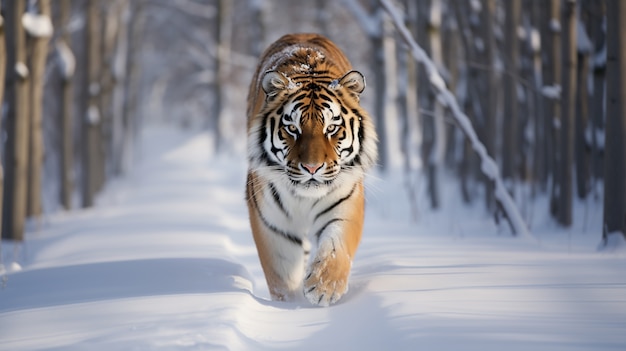 Vista de un tigre salvaje con nieve