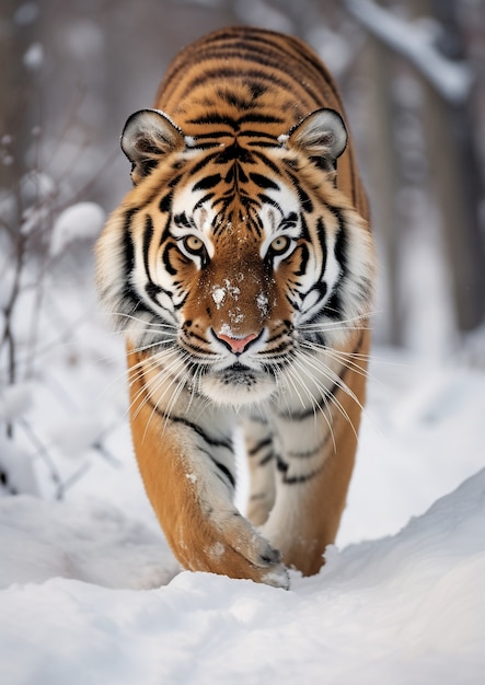 Vista de un tigre salvaje con nieve