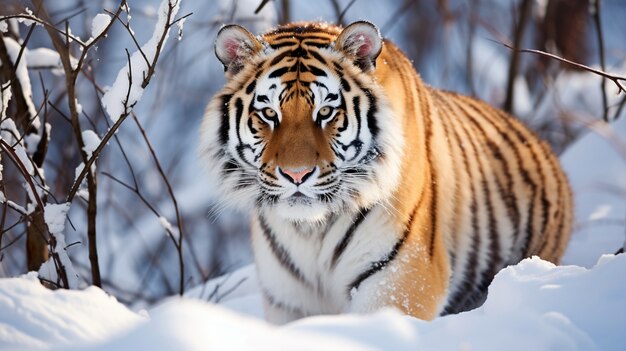 Vista de un tigre salvaje con nieve