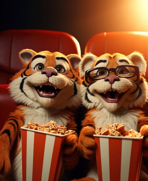 Vista de tigres en 3D en el cine viendo una película