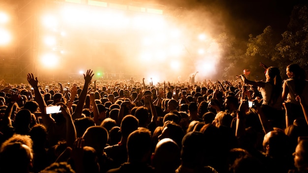 Vista trasera de un gran grupo de fanáticos de la música frente al escenario durante un concierto de música por la noche Copiar espacio