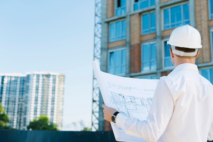 Foto gratuito vista trasera del hombre con planes de construcción