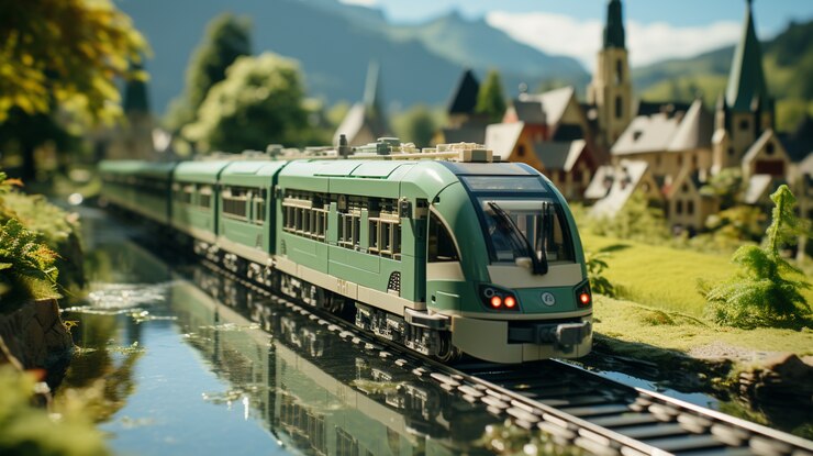 Foto gratuito vista del tren moderno 3d con paisajes naturales.