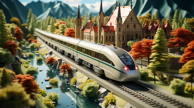 Foto gratuita vista del tren moderno 3d con paisajes naturales.