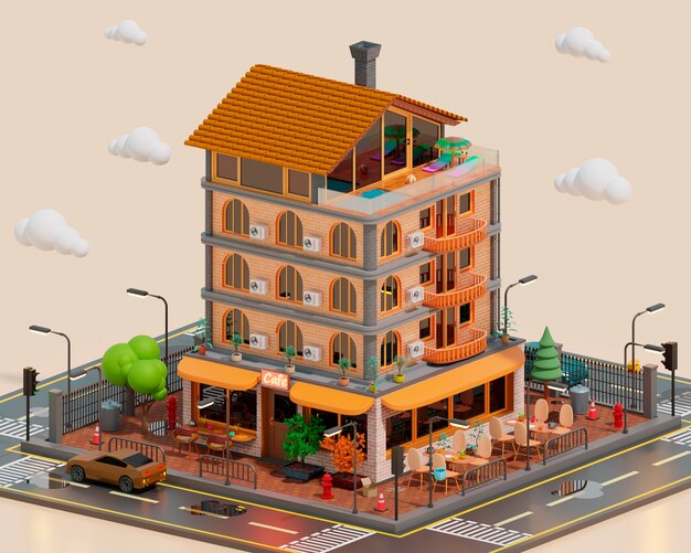 Vista tridimensional del edificio de apartamentos de dibujos animados.