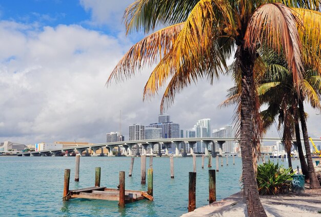 Vista tropical de la ciudad de Miami sobre el mar desde el muelle en el día con cielo azul y nubes.