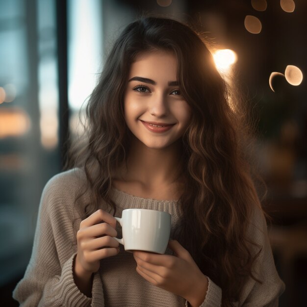 vista, de, valor en cartera de mujer, taza de café