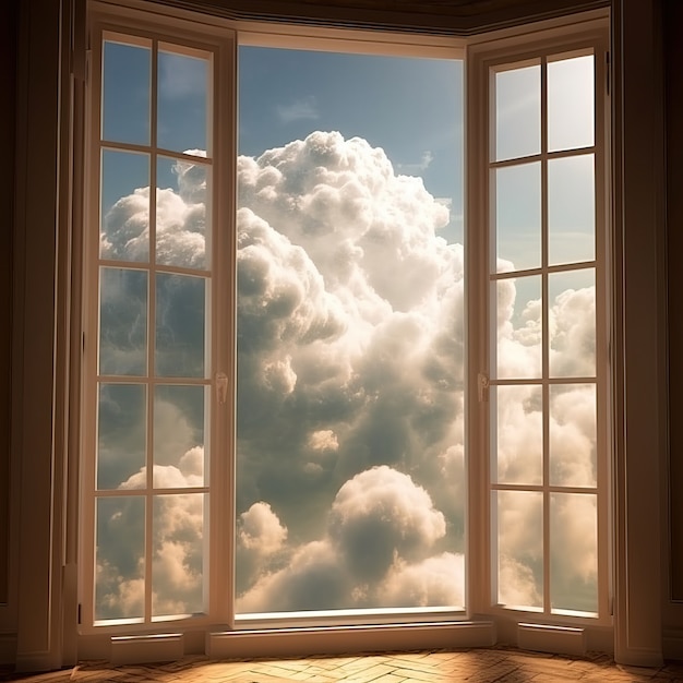 Foto gratuita vista de ventanas 3d con nubes esponjosas