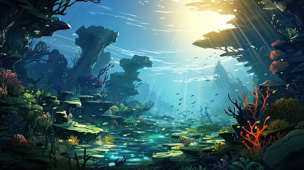 Vista de la vida marina submarina en estilo de dibujos animados