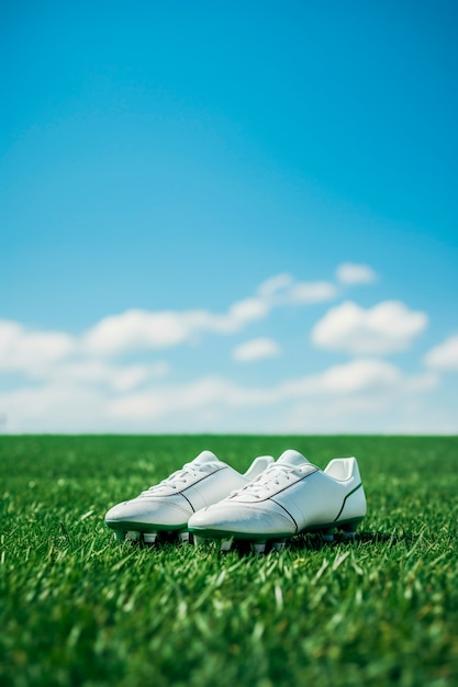 Vista de zapatos de fútbol en el campo de hierba