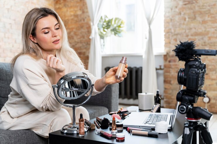 Foto gratuito vlogger de belleza haciendo un video