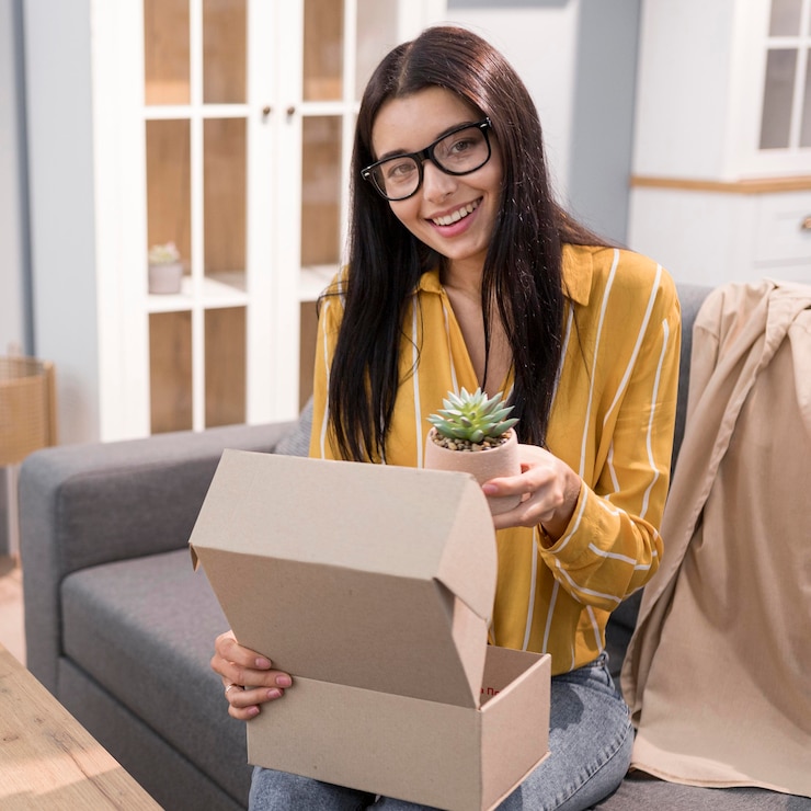 Foto gratuito vlogger femenina en casa planta unboxing